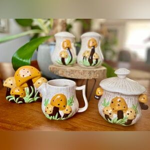 Vintage Mushroom Kitchen Set- Salt Pepper Shakers, Sugar, Creamer, Napkin Holder